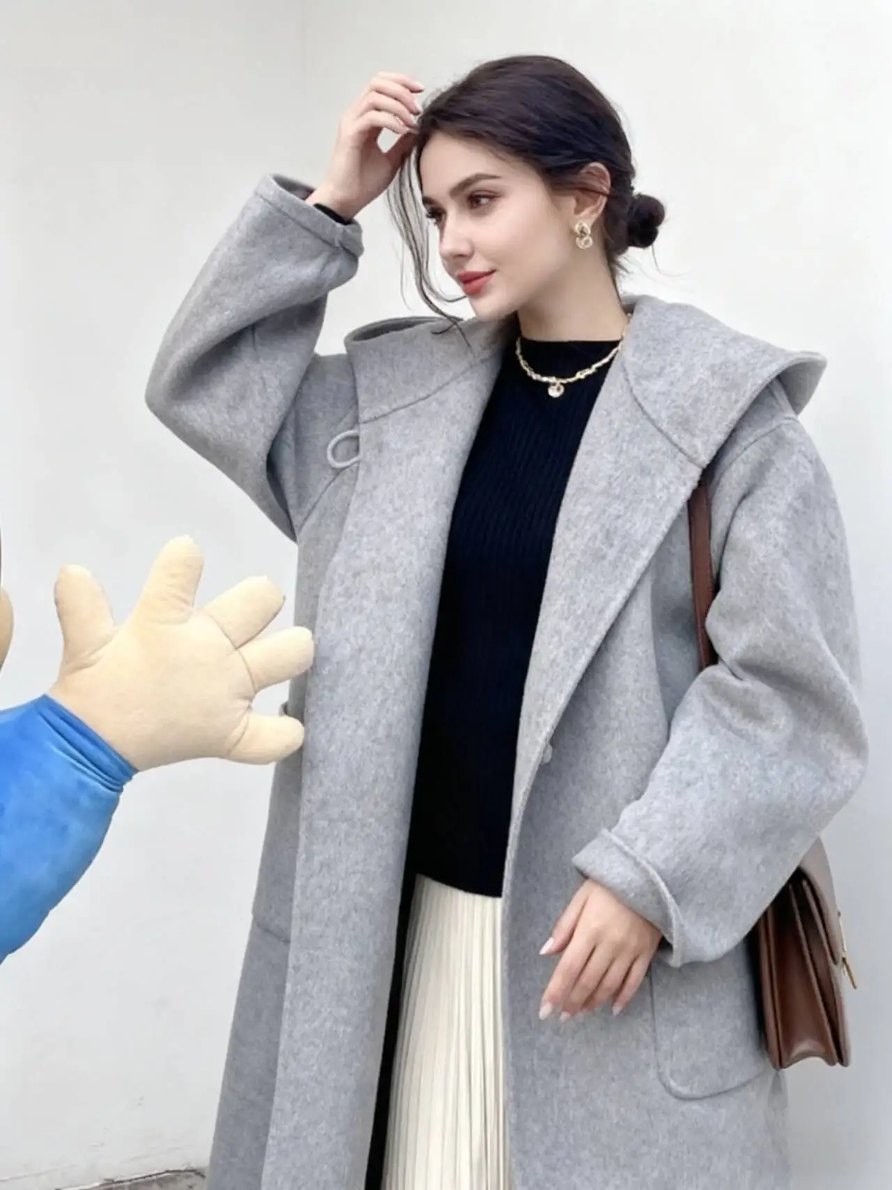 

Wool Blend Coats Womens Woolen Coat Lining Winter Blended Brocade Detachable Drawstring Button-Down Double-Faced Highstreet Chic