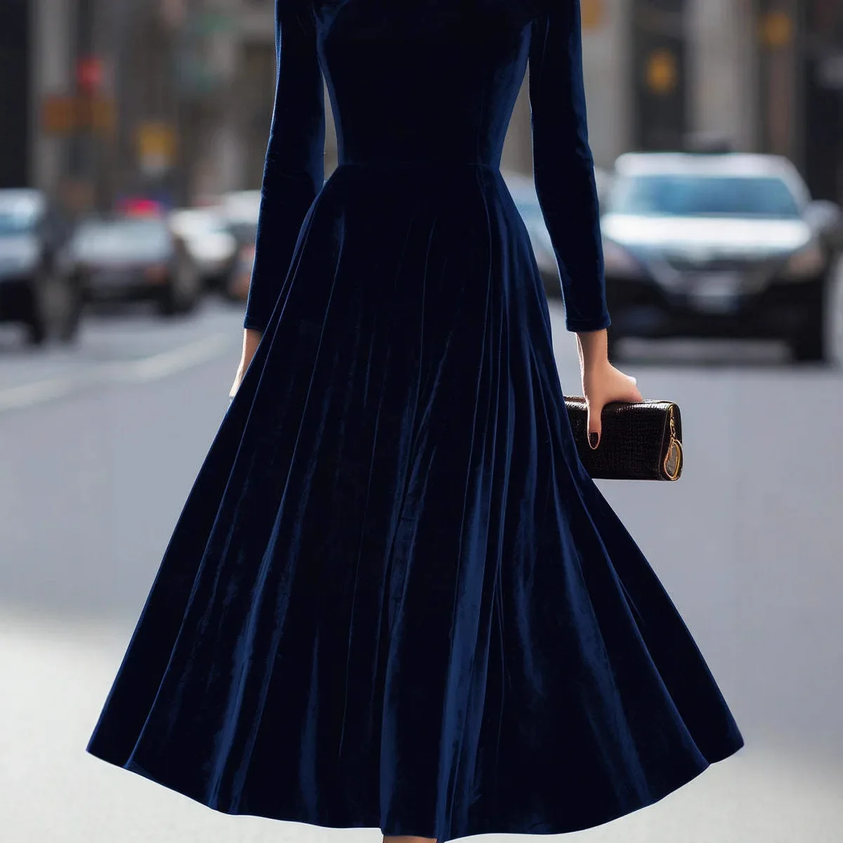 エレガントなベルベットドレス レディース 長袖 プリーツ Aライン ラウンドネック パーティー 結婚式 ゲスト ソリッド ハイウエスト ミディドレス 秋