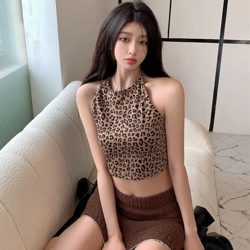 Leopard Tanks Women Y2k Hotsweet Bandage Backless Summer Beach Crop Tops Holiday Sexy Female Streetwear Charming Sleevless Chic