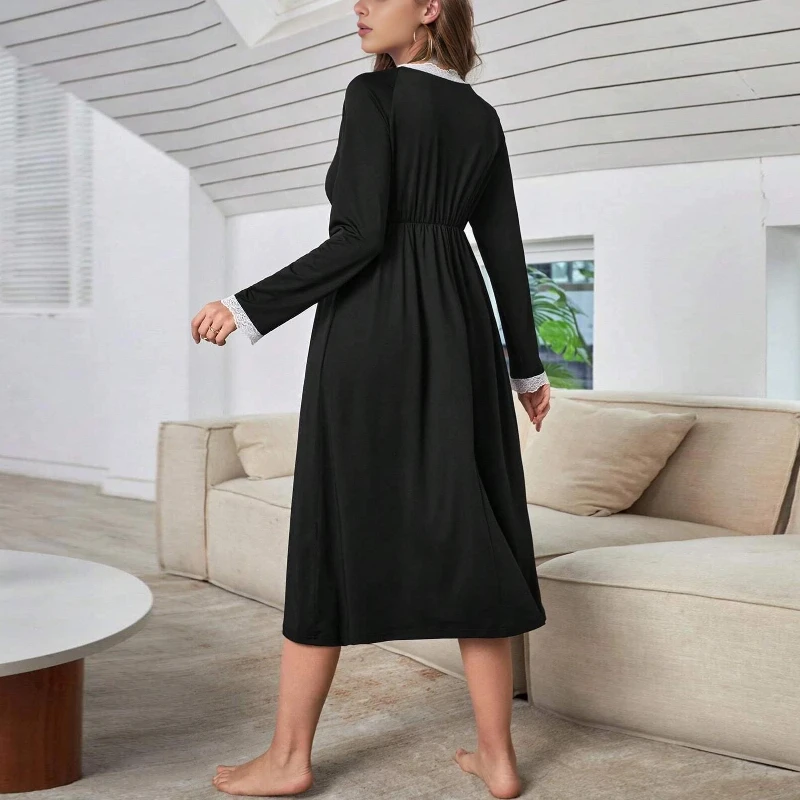 Krismile Cotton Nightdress Women 2025 Autumn Winter Sexy Lace V Nevk Long Sleeve Basic Women Pajamas A-line Sleepwear Nightgowns