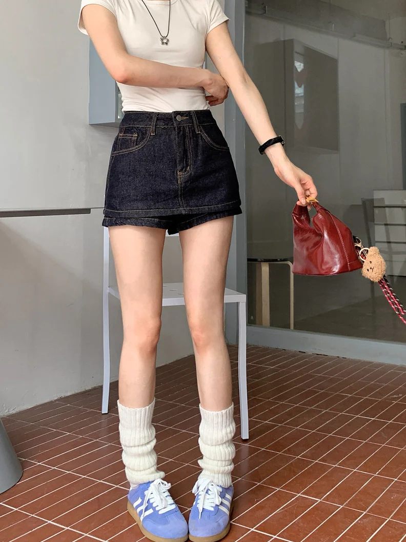 Deep Blue Denim A-Line  Skirt Women's Summer Versatile Slimming High Waist Retro Style Trendy Short Skirt for Young Ladies