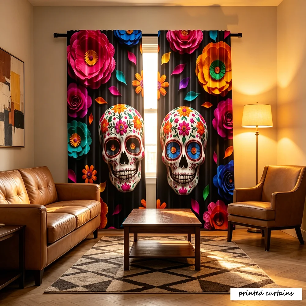 2-piece set of artistic Gothic style curtains, featuring floral candy skull design, polyester material, and a bag style design