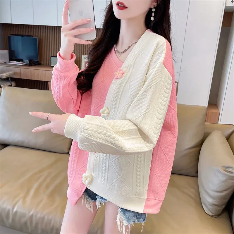 Fashion Design Sense Jacquard Color Collision Hoodie Women's Autumn Winter Top 2024 Korean Version Loose Casual Jacket Female