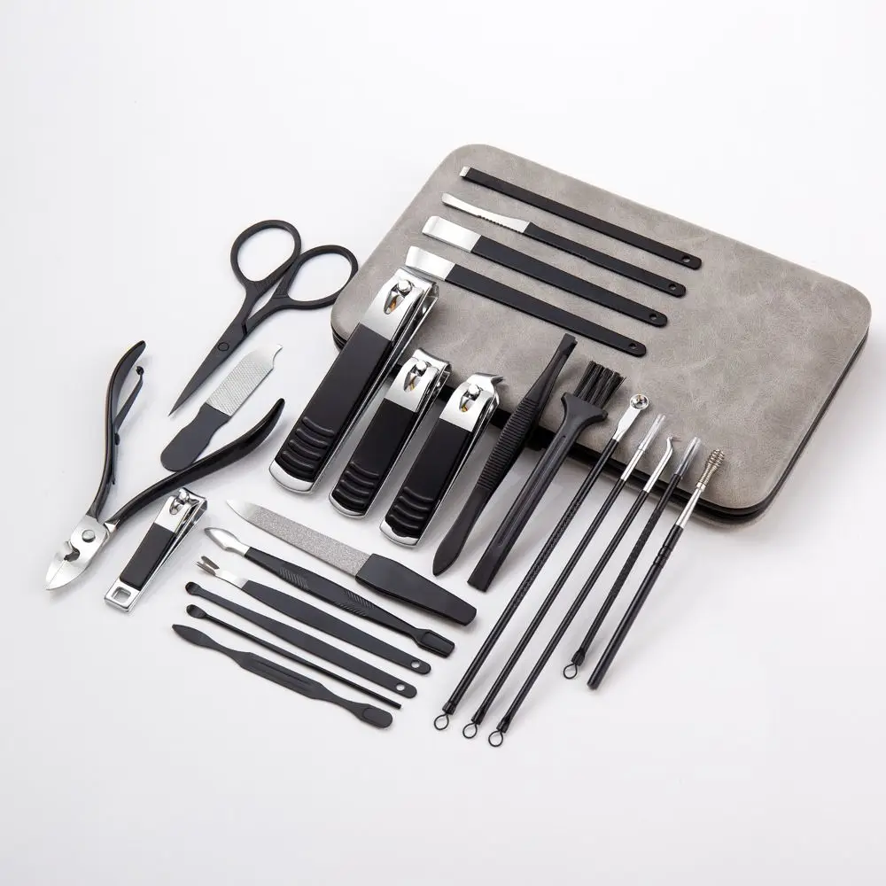 13/24pcs Anti-slip Design Stainless Steel Nail Clipper Set with PU Case Sharp Nail Trimming Set Black Pedicure Tool Kit