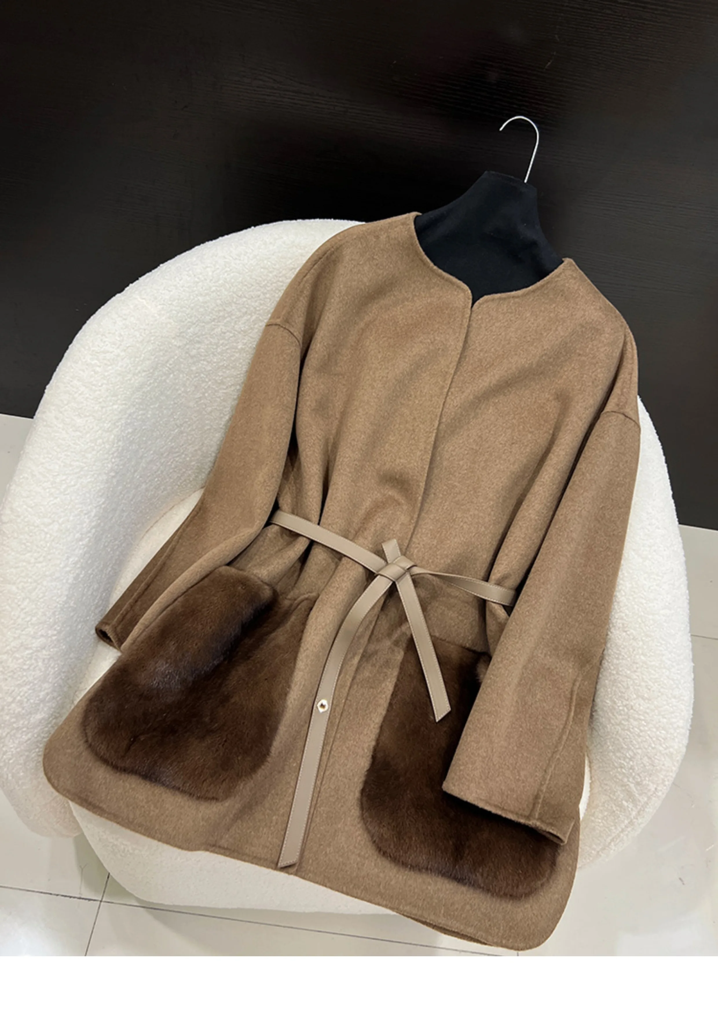 2024 Autumn And Winter New Double-Faced Cashmere Coat For Women Medium And Long Mink Pocket High-Quality Temperament Wool Coat