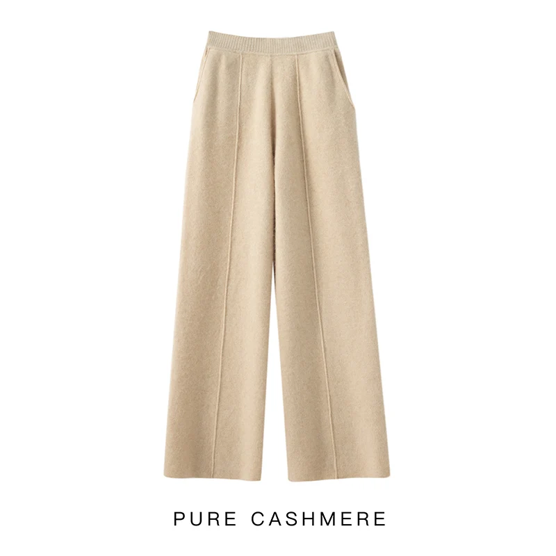 2022 New Autumn Winter Women 100% Cashmere Pants Soft Comfortable High-Waist Knitted Female Cashmere Thicken Wide Leg Pants