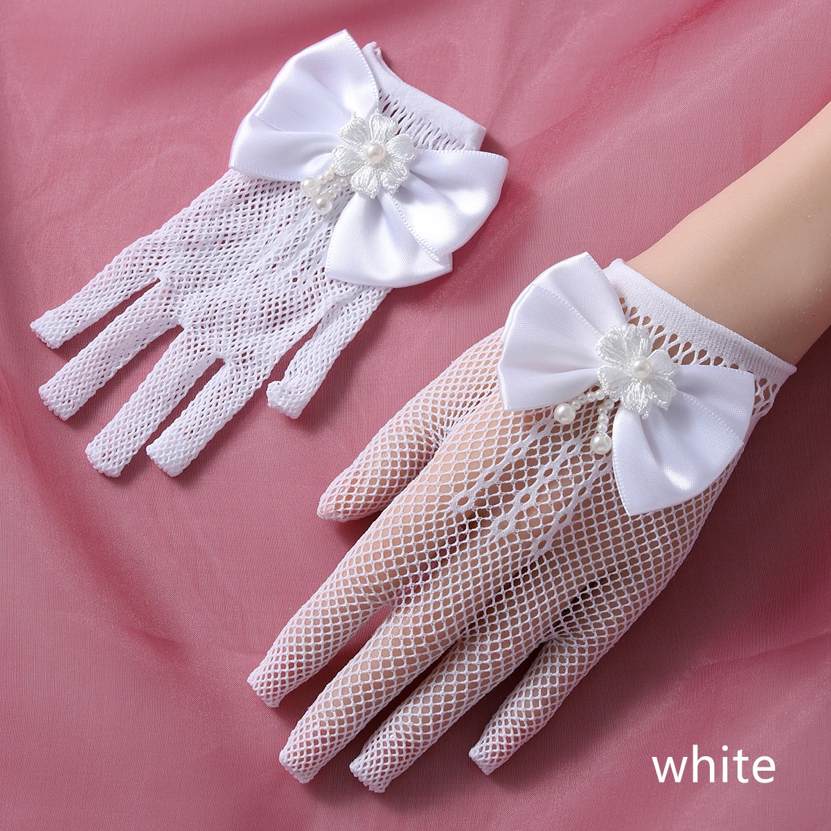 Guantes de novia completos de estilo Sexy maduro para damas, guantes de boda elásticos de encaje blanco con lazo, adecuados para fiesta