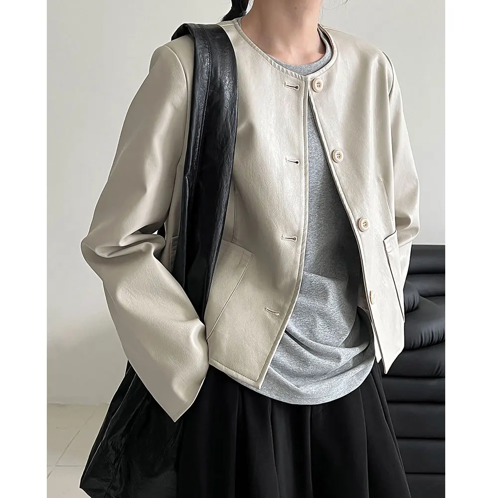 

2025 Autumn Women Pu Leather Jacket Coat Fashion Classic O-Neck Thin Jacket Femme Casaco Abrigo Streetwear