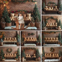 Christmas Toy Bear Gift Room Photography Background for Baby Shower Xmas Tree Vintage Brick Wall Headboard Backdrop Kids Photo