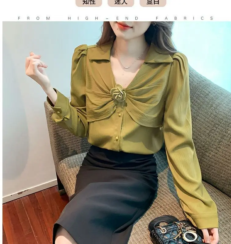 Design Sense Three-dimensional Flower Chic Shirt New Style Lapel Shirt French Style Western-style Long Sleeved Top for Women