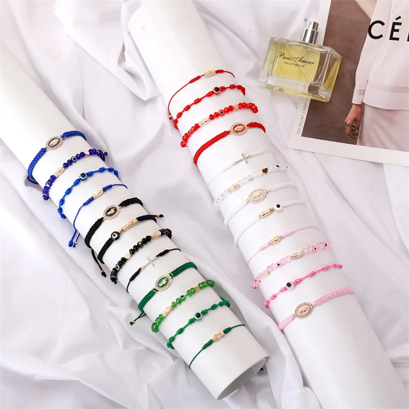 4 ชิ้น/เซ็ต Saint Jude หรือ Virgin Mary Rosay Cross สร้อยข้อมือเม็กซิกัน Braid คริสตัล Evil Eye สร้อยข้อมือสําหรับอธิษฐานหรือป้องกัน