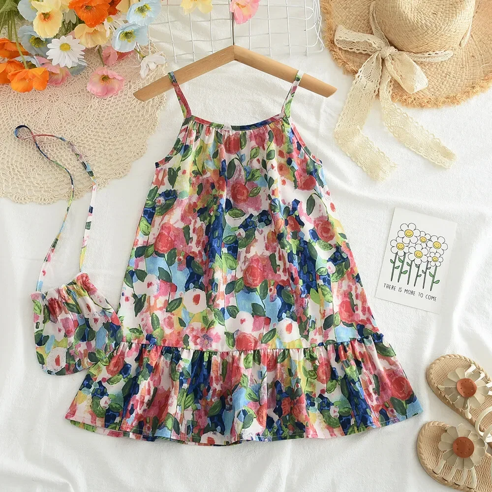 Summer New Fashion Clothing 3-7 Years Girls Flower Print Sling Dress + Bag 2 Pcs Set Kids Casual Cute Wear