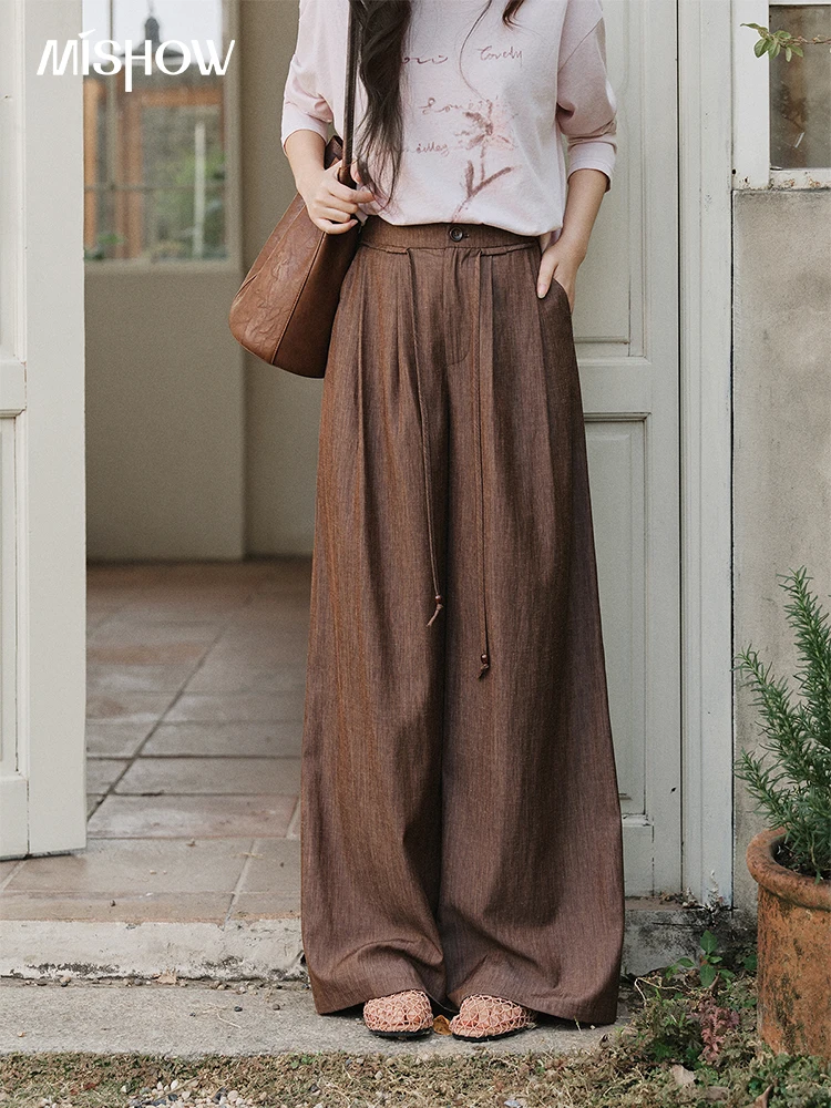 MISHOW Women's Linen Retro High Waist Wide Leg Pants 2026 Spring Drawstring Waist Pleated Casual Loose Brown Trousers MXF15K1238