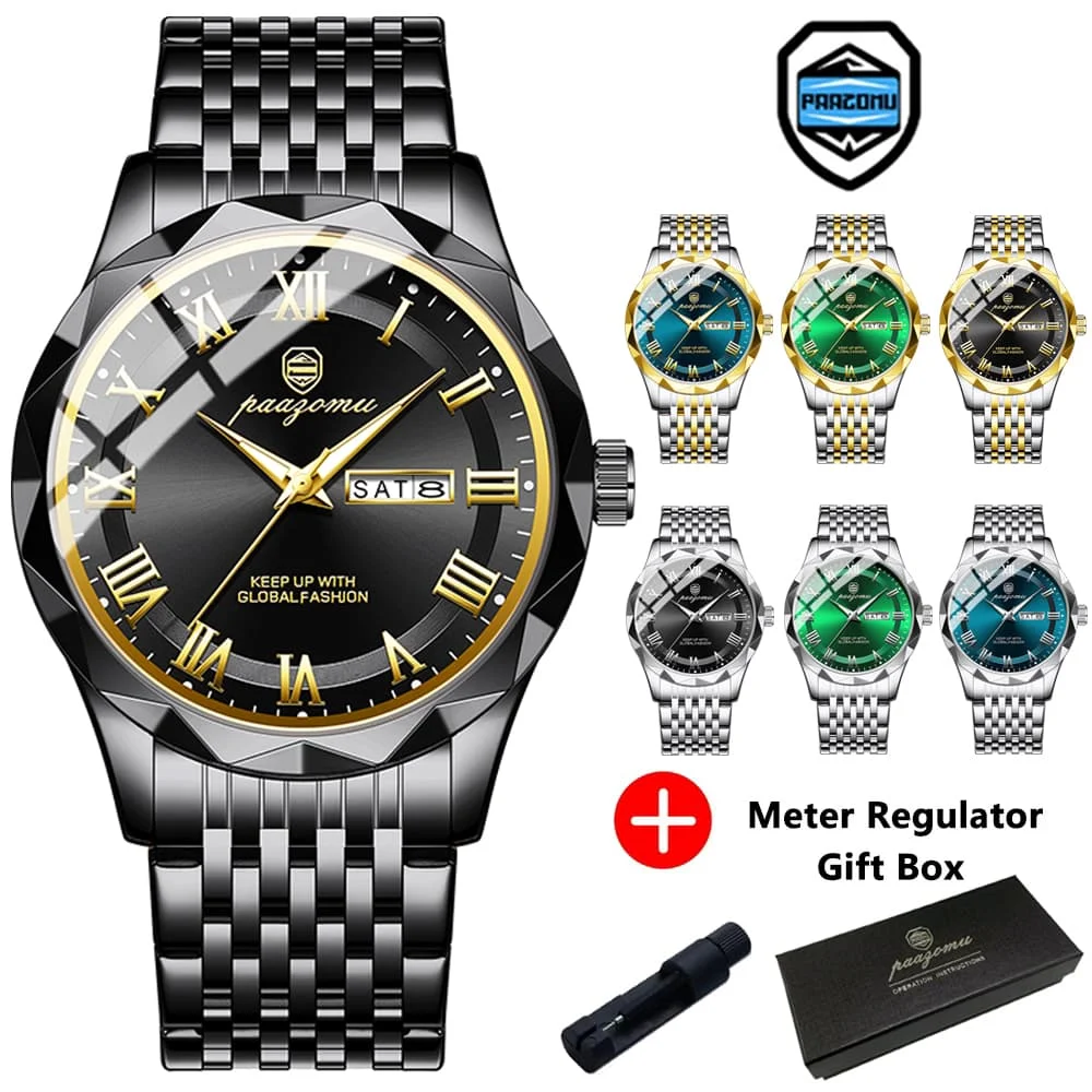 ساعة رجال الأعمال الفاخرة من PAAZOMU، تاريخ الأسبوع، ساعات مضيئة مقاومة للماء للرجال، كوارتز من الفولاذ المقاوم للصدأ، ساعة يد عصرية للرجال
