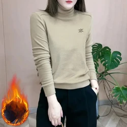Korean Spring Autumn High-neck Women's Clothing Geometric Printing Long Sleeve Pullover Solid Color T-shirt Casual Elegant Tops