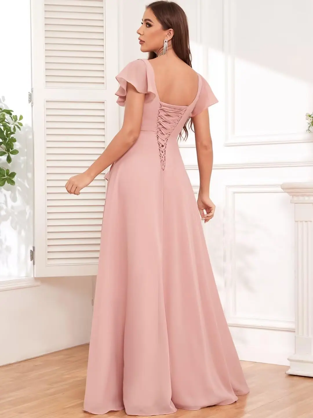 Square Neck Chiffon Bridesmaid Dress with Slit Ruffle Short Sleeve Long Formal Evening Gowns wedding Dress party prom summer