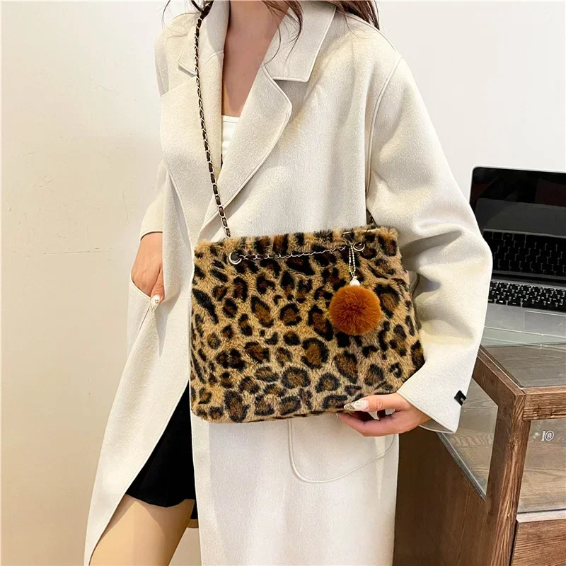 Youda New Fannel Fabric Shoulder Bag for Women Fashion Simple Leopard Chain Crossbody Large Casual Capacity Shopper Tote Bags