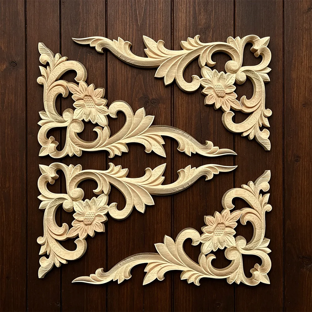 

4PCS 20-38cm Woodcarving Corner Decal 3D Wooden Lace Figurines Craft Appliques Frame Onlay Wall Door Furniture European Decor