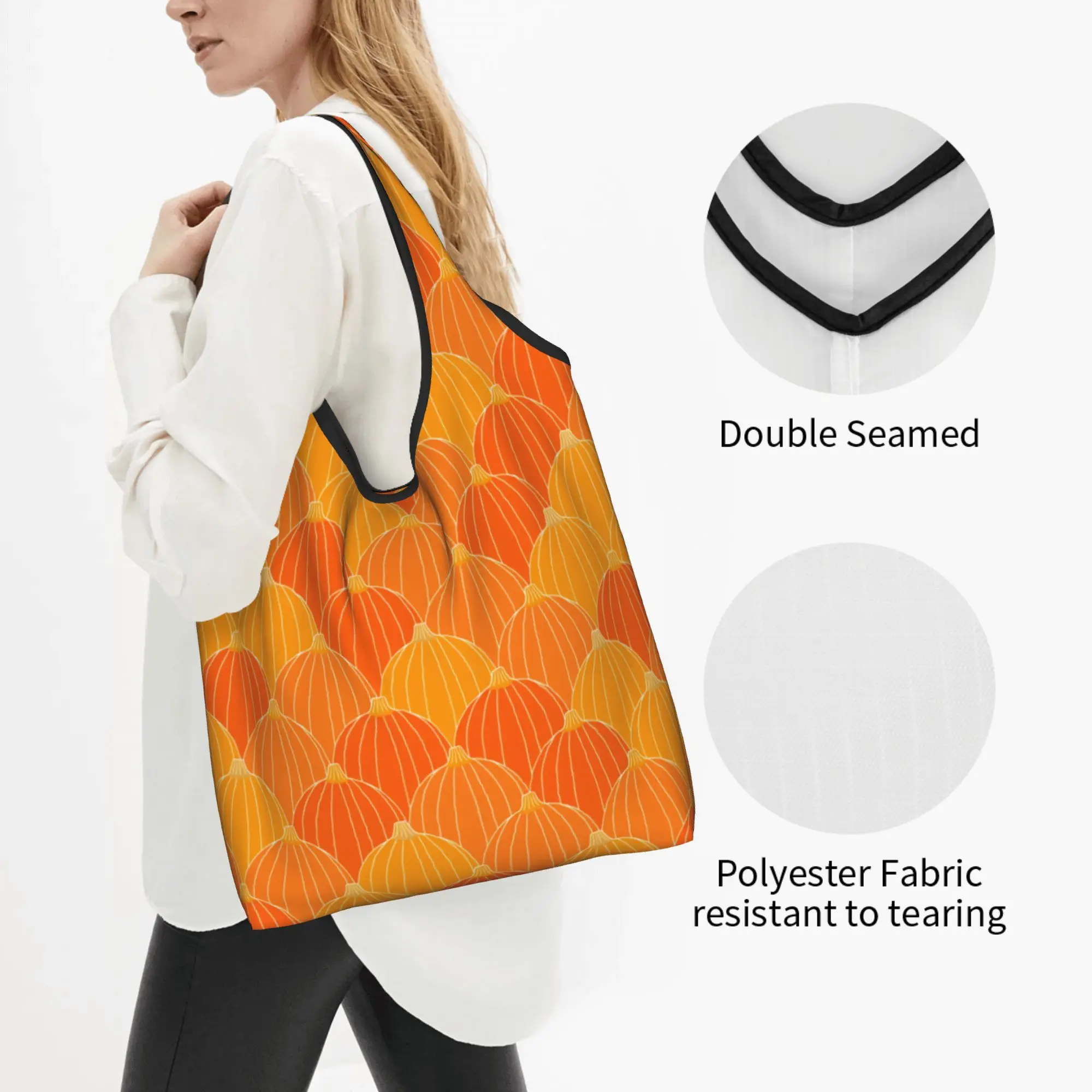 Pumpkin Patch Orange Groceries Shopping Bags Cute Shopper Shoulder Tote Bags Large Capacity Portable  Handbag