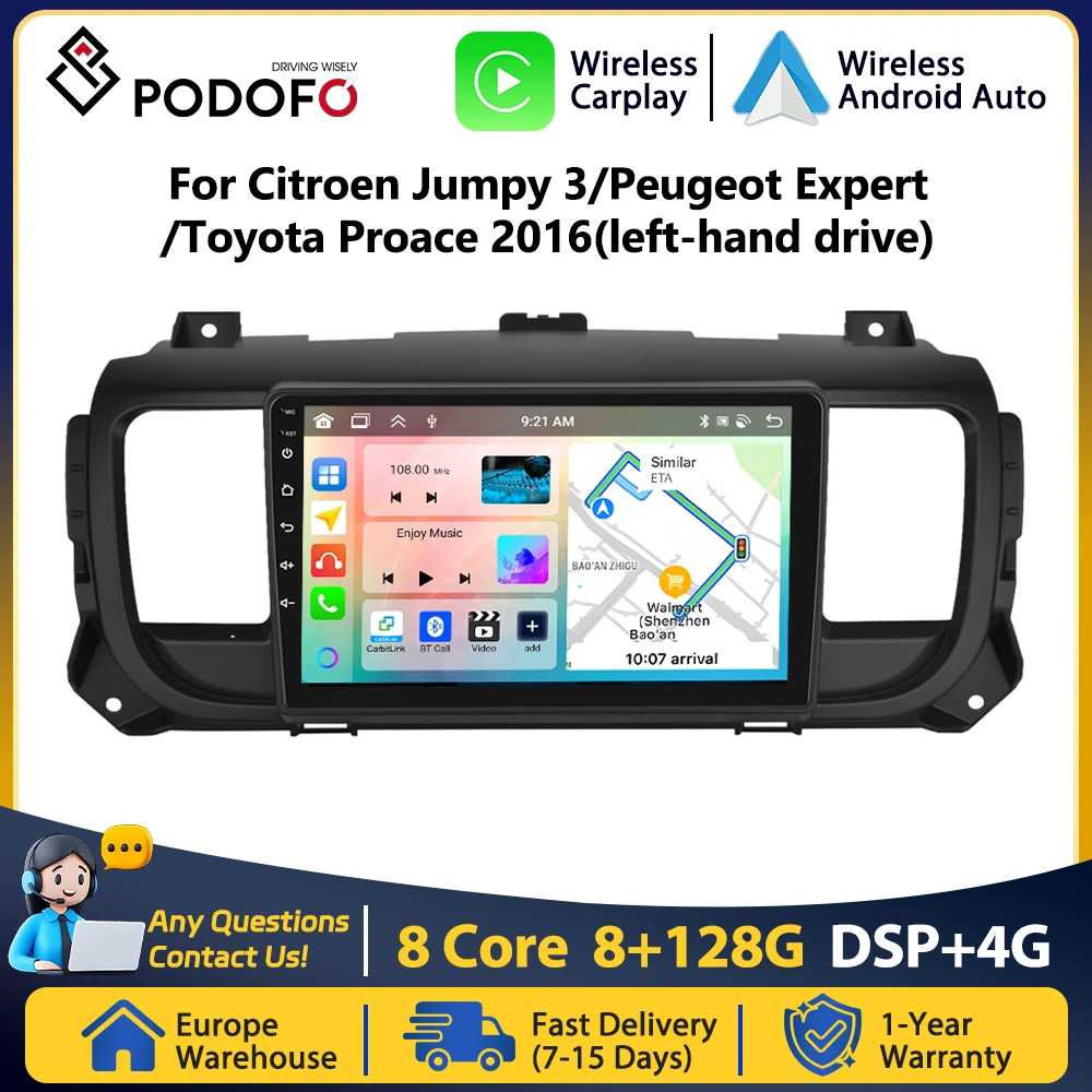 Podofo autoradio Android pour citroën Jumpy 3/Peugeot Expert/Toyota Proace 2016-2021 Android Auto GPS Navigation lecteur RDS