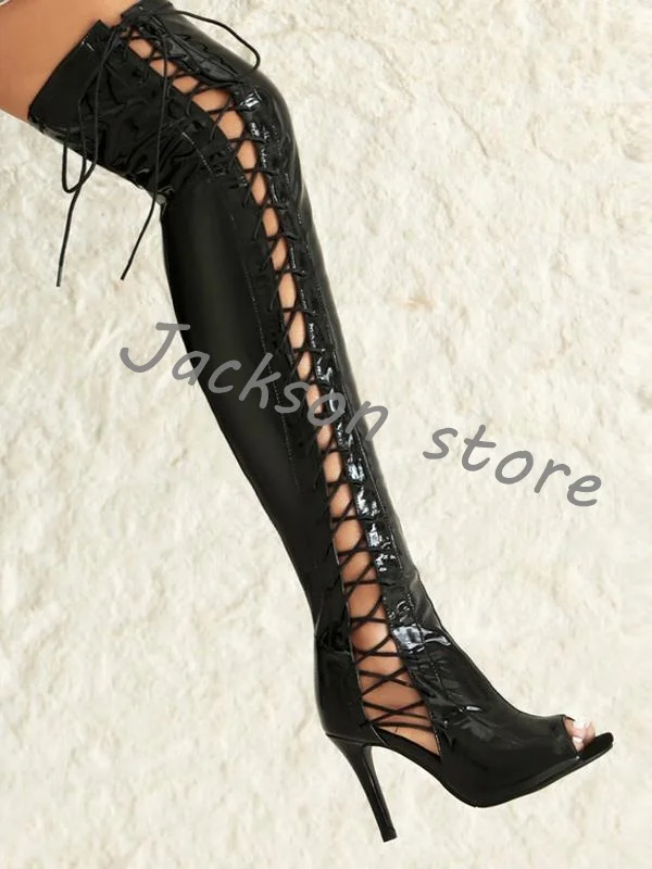 Red Sexy Over The Knee Boots Women Open Toe Lace Up Stiletto High Heels Cross Strap Design Patent Leather Breathable Long Boots