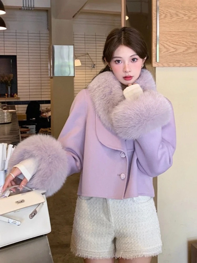 2025 Women Short Real Fox Fur Cuff Woolen Blends Jacket New Autumn Winter Clothes Fashion Warm Fur Collar Cashmere Wool Coat