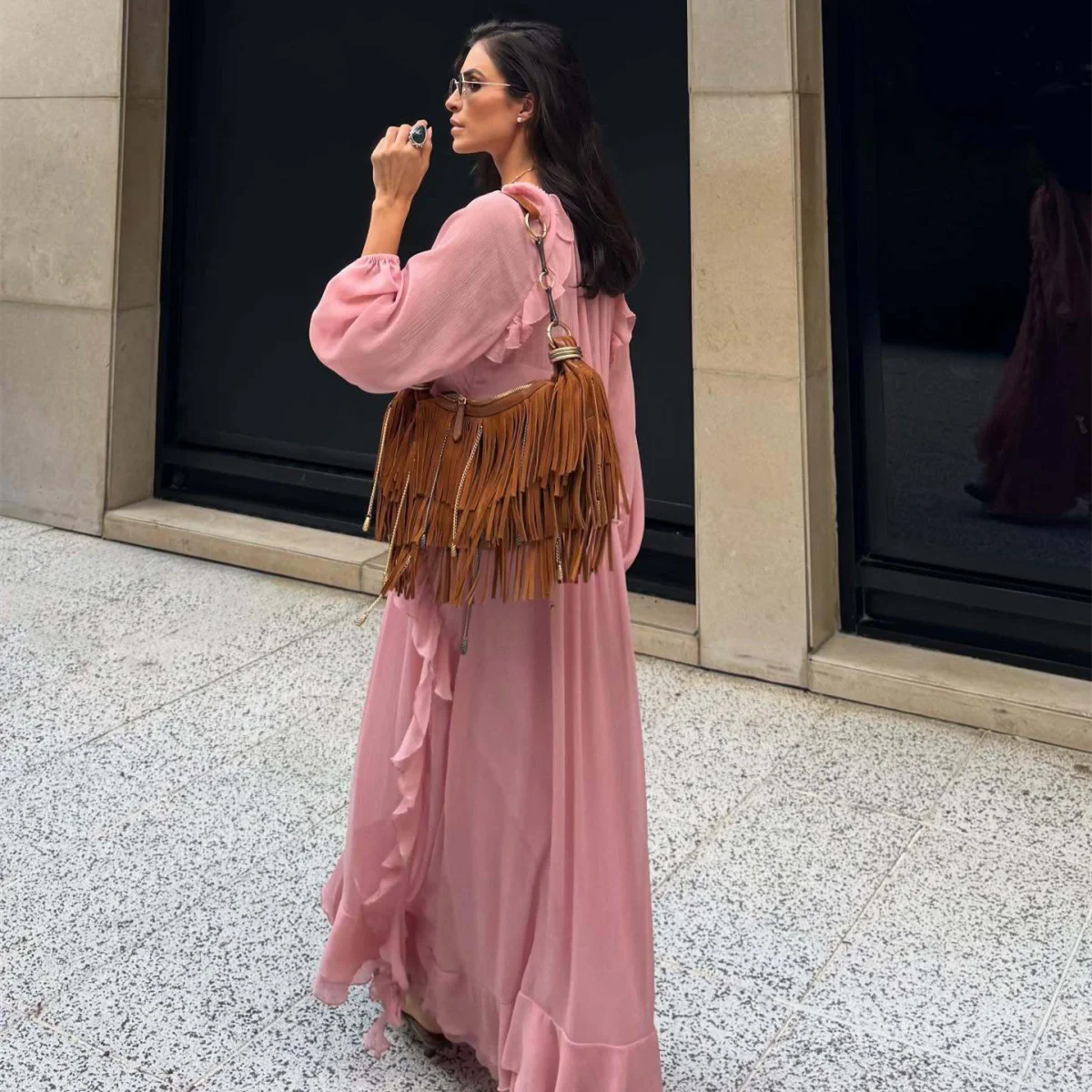 2025 em camadas decoração plissado colarinho doce temperamento manga longa vestido solto verão nova chegada roupas femininas