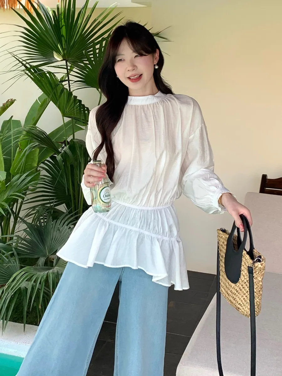 

Свободная женская рубашка: модная, универсальная, летняя новинка, большие размеры, дышащая, комфортная, с длинным рукавом, круглый вырез горловины