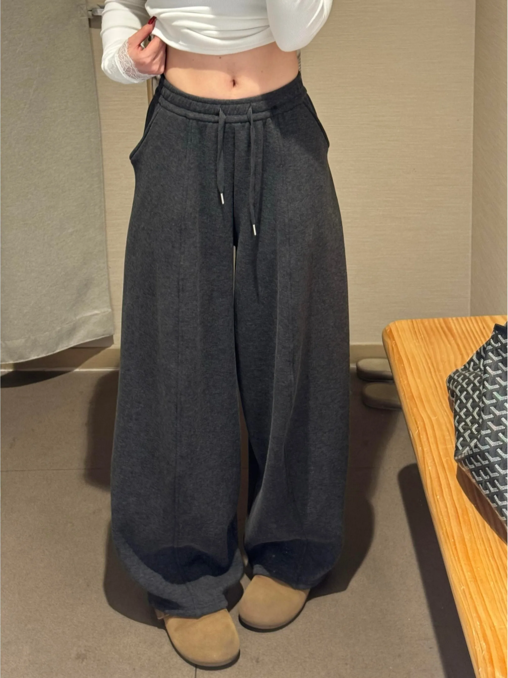 High Waist Fce Lined Woolen Wide Leg Pants Women's Autumn Winter Straight Cut Trousers Commute Sle Korean Version