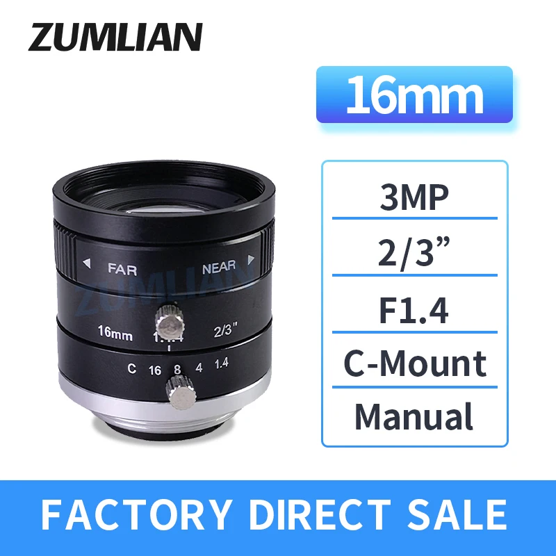 ZUMLIAN 16mm Lens F1.4 Large Aperture 2/3'' C-Mount 3Megapixels Machine Vision Manual Iris Low Distortion for Industrial Cameras