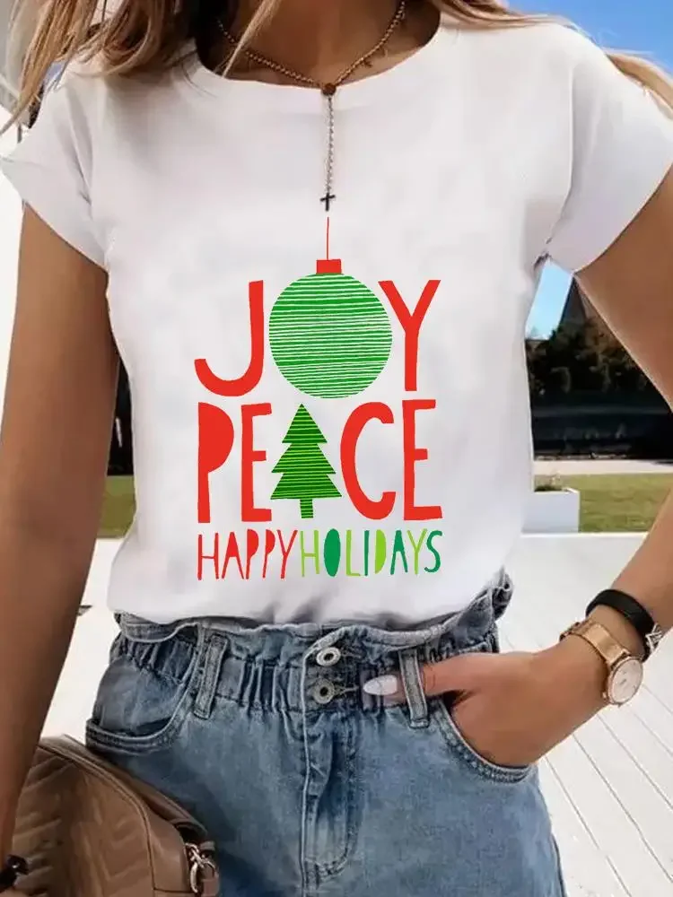 Cartoon Style Letter Print Women Tee Christmas Holiday Top Fashion Lady New Year Shirt Clothing Clothes Graphic T-shirts