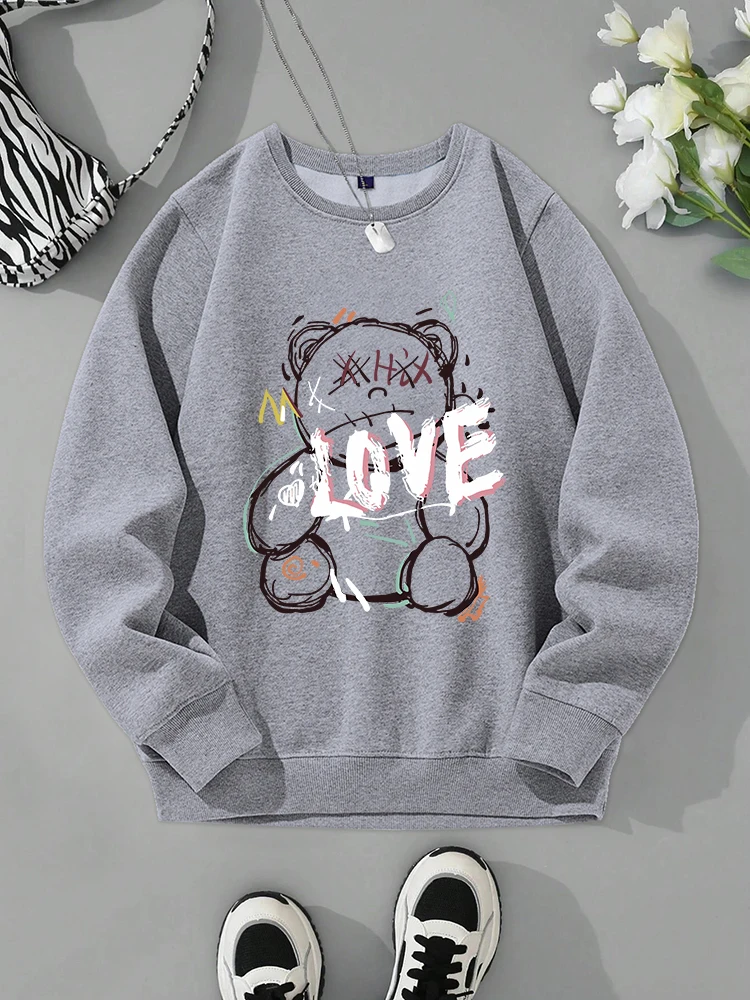 Sudadera con estampado de oso y dibujos de grafiti para hombre, chándal de lana cálido, Tops informales de moda, ropa básica con cuello redondo para otoño