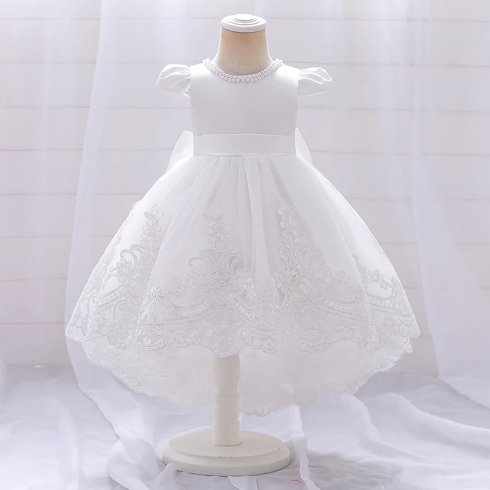 Baby Girls Dress Beads Bow White Baptism Dress For Baby Girl Tutu 1st Year Birthday Party Dresses Puff Sleeves Toddler Clothes