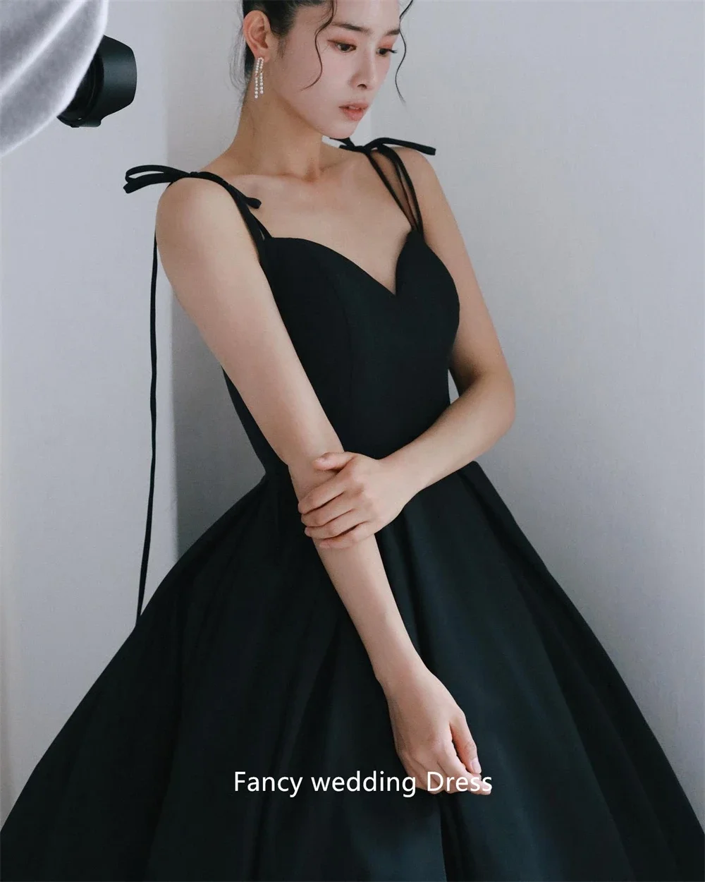 OLOEY Simple Black Taffeta Evening Dresses Korea Wedding Photoshoot Sweetheart Floor length Corset Back Formal Party Dress