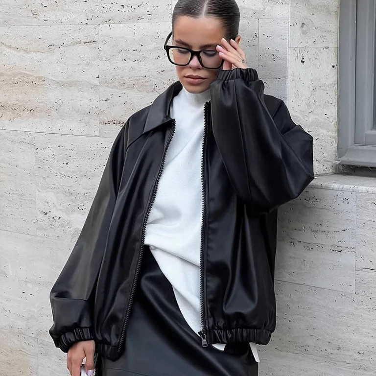 

Autumn Women's Leather Jacket Lapel Collar Zipper Fly Elastic Cuffs Long Sleeve Lady's Overcoat Motorcycle Chic Coat For Female