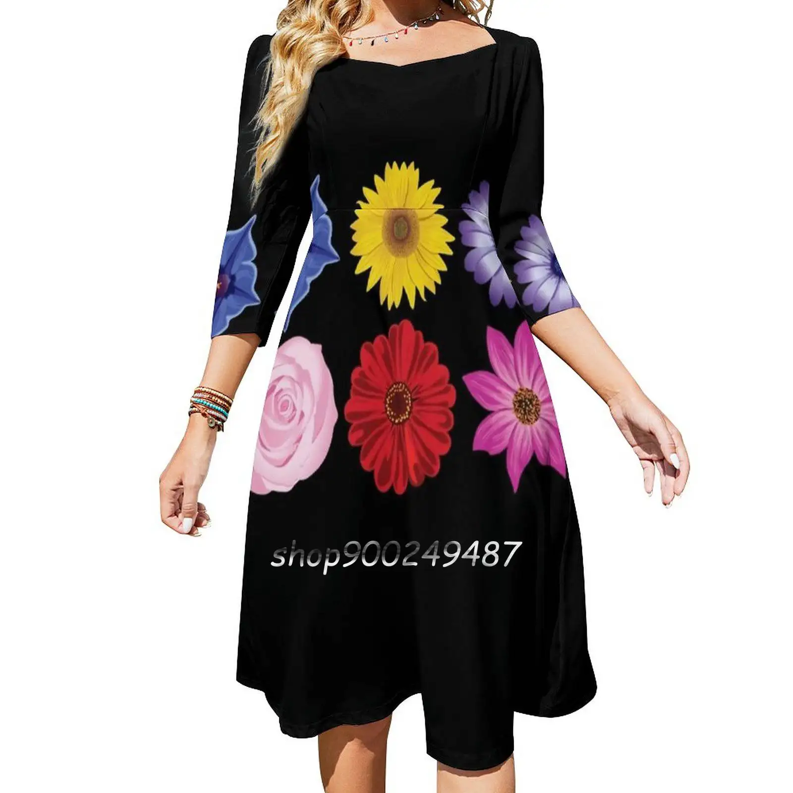 Perfect Flowers Sweetheart Knot Flared Dress Fashion Design Large Size Loose Dress Flowers Purple Yellow Blue Pink Magenta Cool