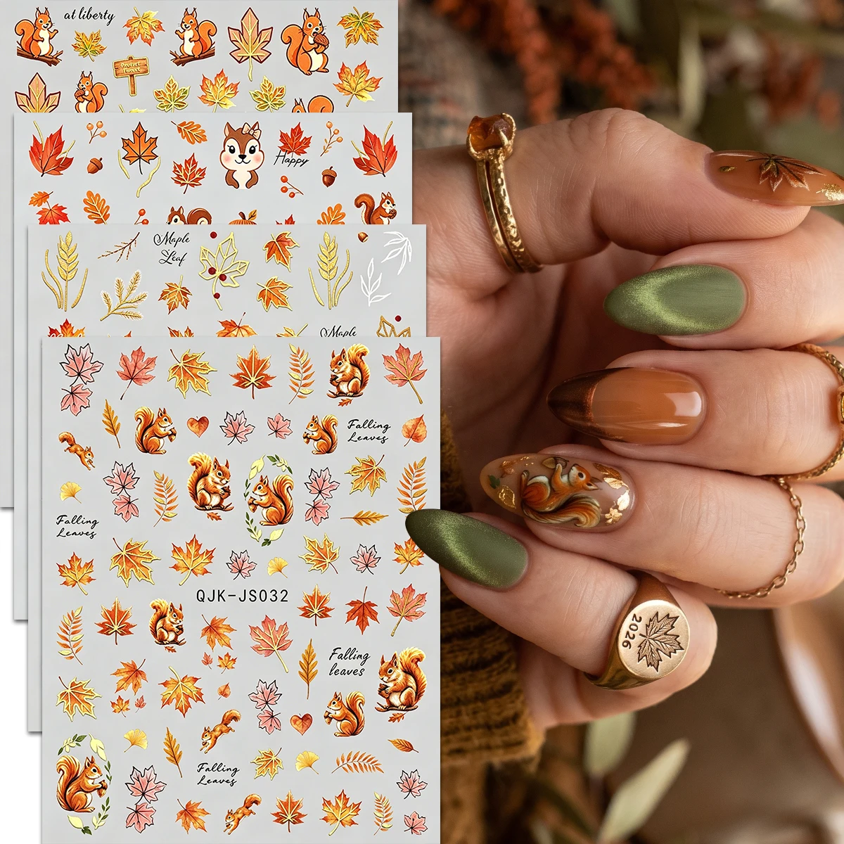 Metallische Herbst-Nagelkunst-Aufkleber, Niedliche Motive mit Fuchs, Eichhörnchen, Igel und Ahornblättern, Retro Orange-Gold Herbst-Thema