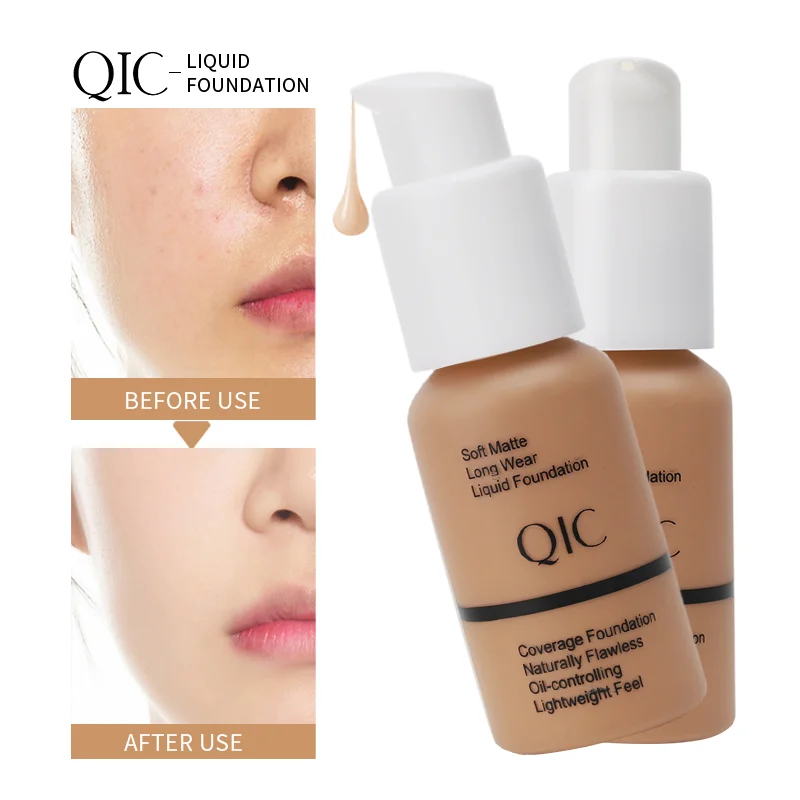 QIC Base Líquida Hidratante Rosto de Longa Duração Natural Iluminar Tono Base Facial Maquiagem 30ml