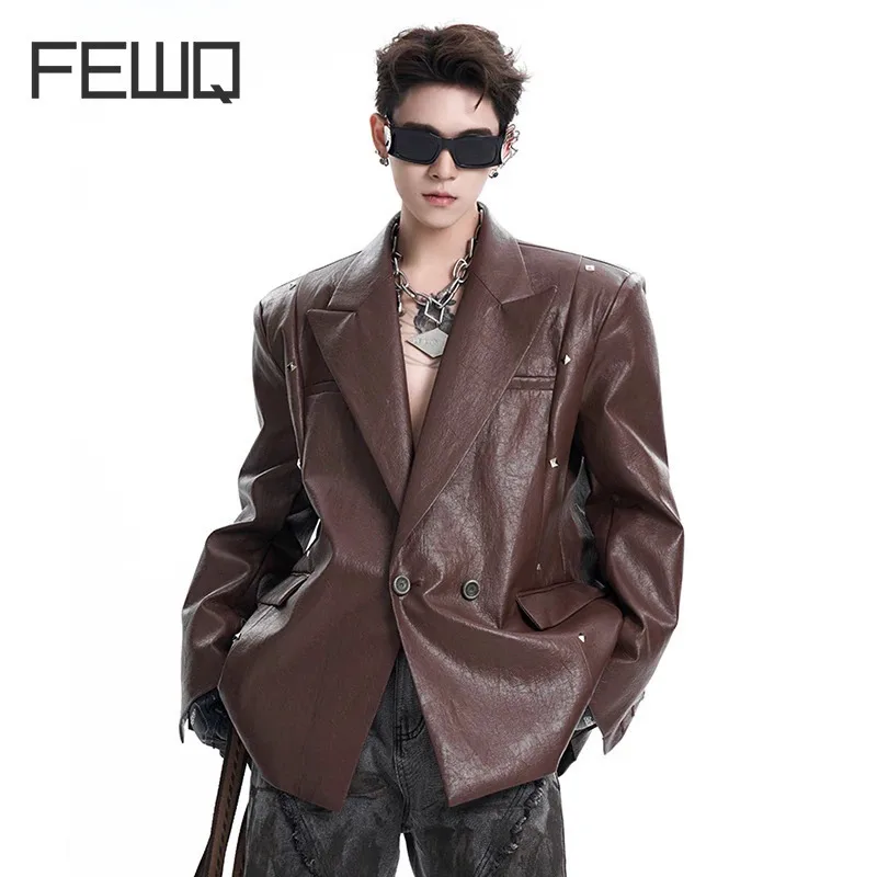 FEWQ New Fashion Men\'s Blazers Pu Leather Shoulder Pads Double Breasted Rivet Design Male Loose Suit Jacket Personality 24E2273