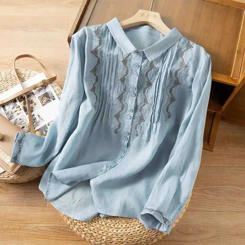 2026 New Women's Cotton Linen Shirts Retro Embroidery Casual Blouses Loose Long Sleeve Turn-down Collar Shirts Spring Women Tops