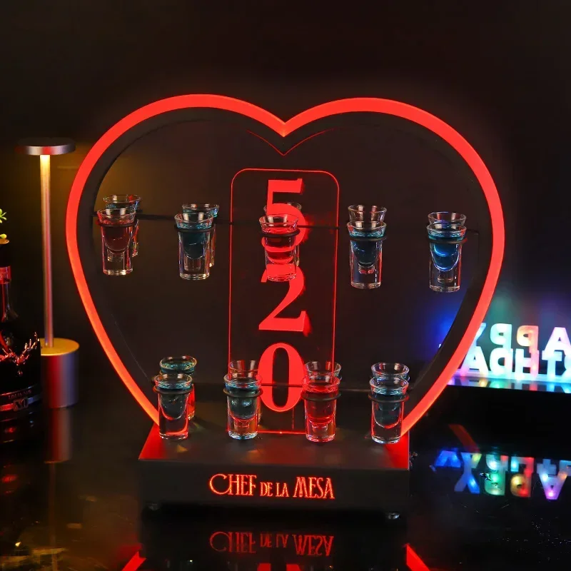 Bar Party Night Club Customized Rechargeable LED Shot Glass Cocktail cup Holder Heart Display barware Serving Stand Shot Tray