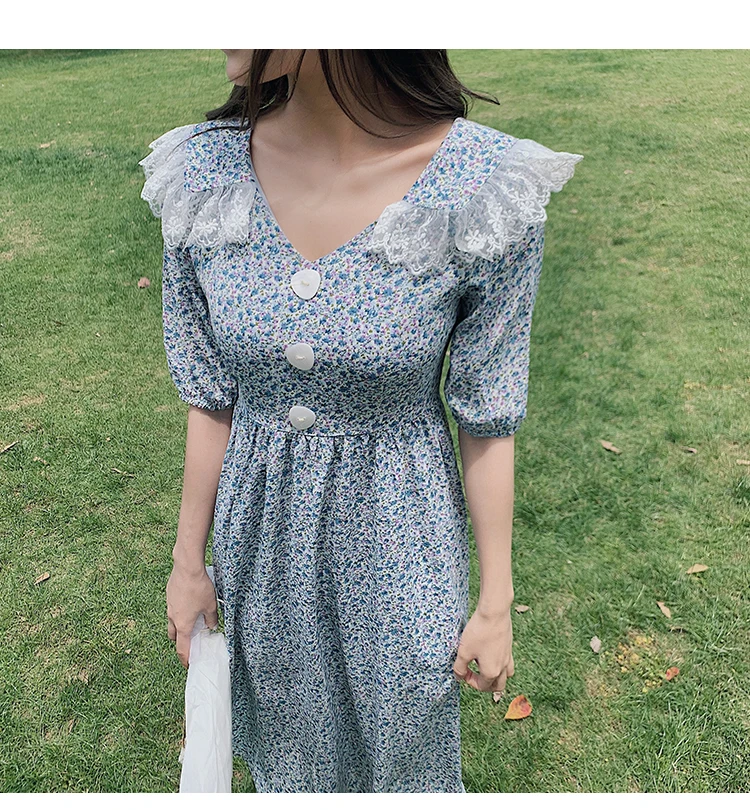 

French Style Female Chiffon Floral Dress Short Sleeve Lace Peter Pan Collar Patchwork High Waist Side Split Woman Beach Dress