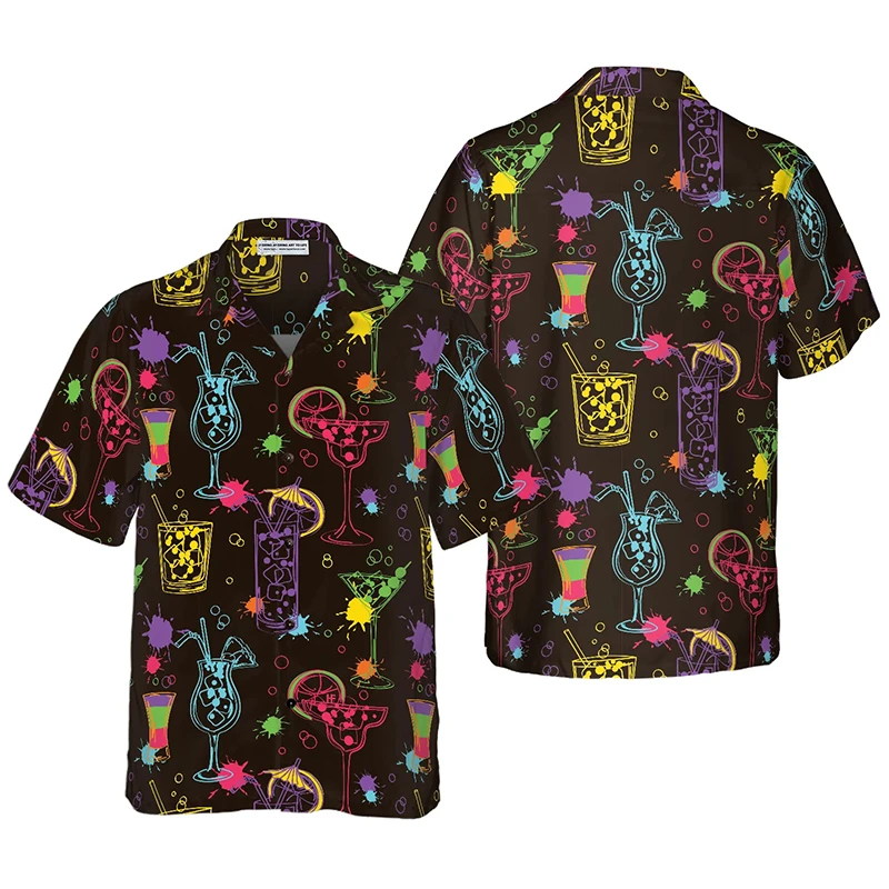 

2025 Harajuku New 3d Cocktail Printed Shirt Men's Fashion Vacation Hawaiian Beach Party Blouse Casual Lapel Oversized Tees Tops