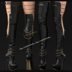 Trending Thigh High Soft Leather Platform Metal Chain Boots Thin High Heel Shoes For Women Pointed Toe 2024 Zapatos Para Mujere