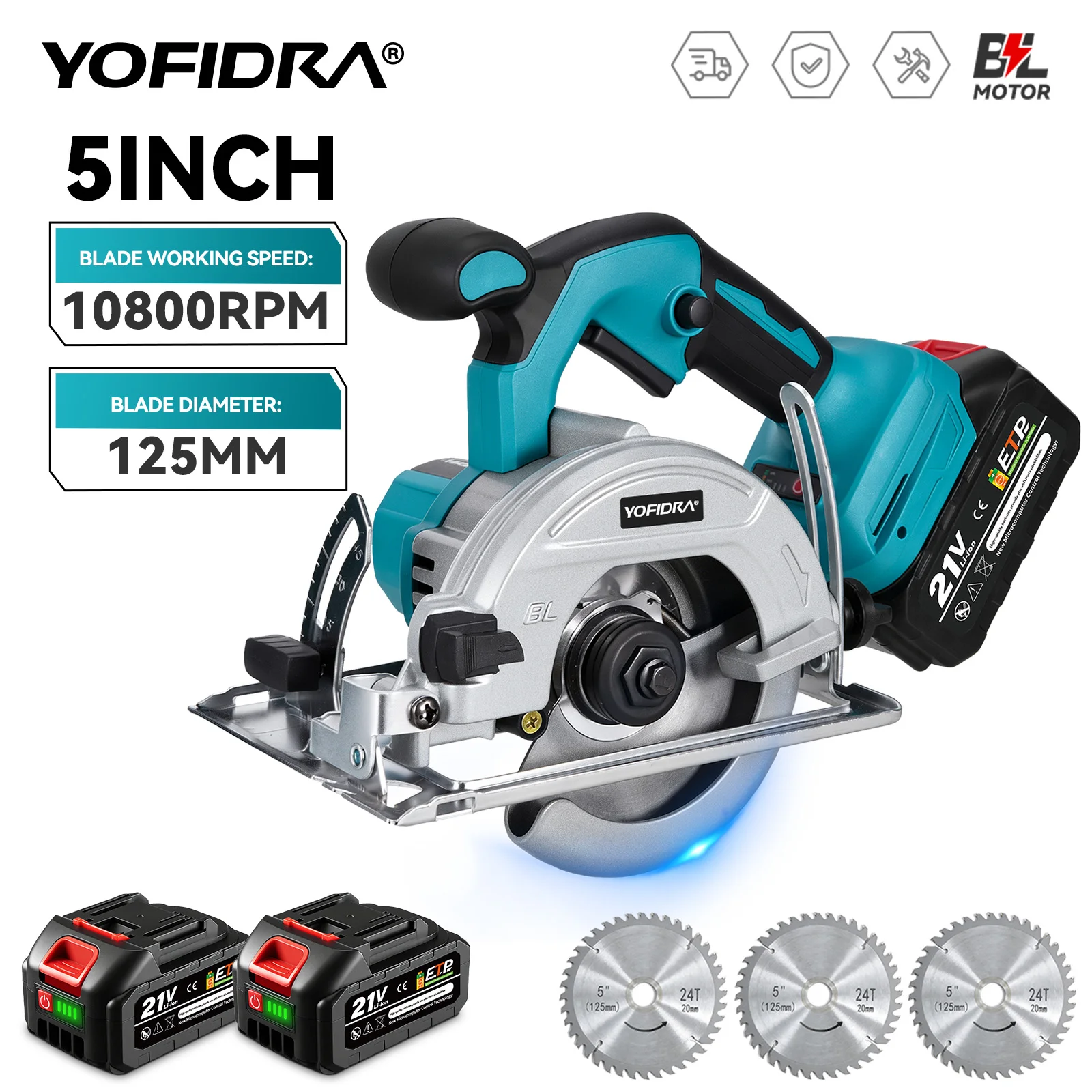 YOFIDRA 5 Zoll Bürstenlose Kabellose Effiziente Elektrische Kreissäge 0 °   bis 45 °   Verstellbare Holzschneidvorrichtung für Makita-Akkupins