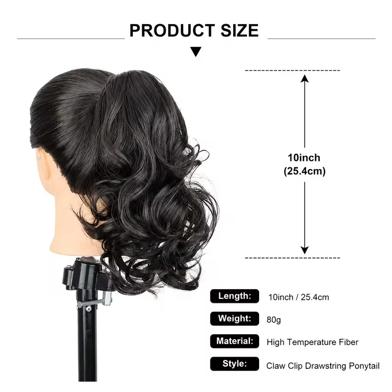 10Inch Synthetic Short Wavy Curly Ponytail Hair Extension Claw Clip in Increase Volume Fiber Hairpiece for Women Daily Use