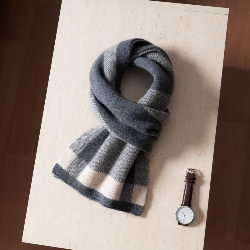 MVLYFLRT Men's High-End A-Class 100% Pure Cashmere Scarf Thick Warm Neck Protection Versatile Fashion Checkered Winter Accessory