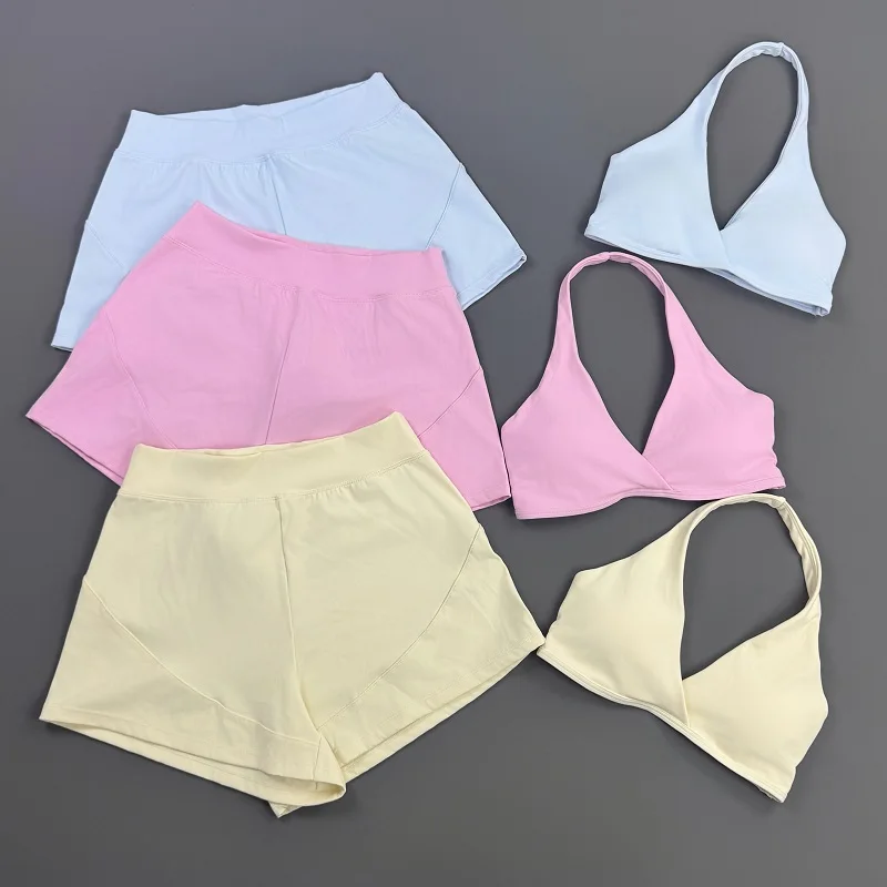 2 Pieces Sports Set Women V‑Cross Halter Sports Bra Loose Quick‑Dry Shorts Lightweight Suit Gym Yoga Training Active Outfit