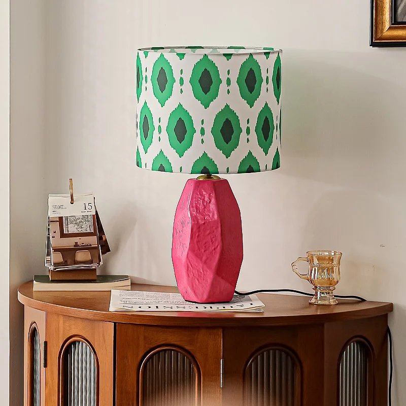 Modern Pink Ceramic Table Lamp with Patterned Fabric Shade 3 Color Dimmable Desk Light for Bedroom Living Room Home Decor