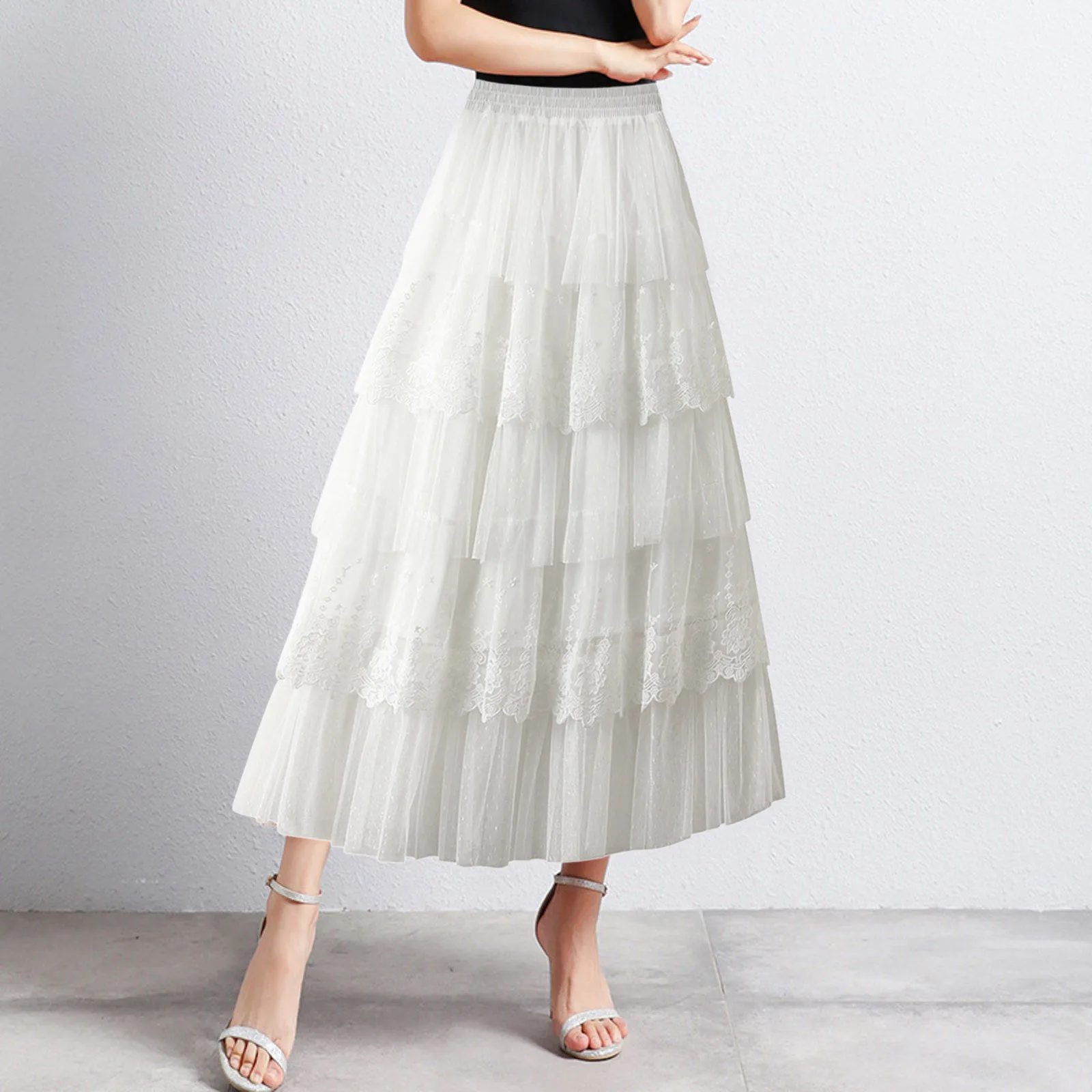 New Summer Korean Mesh Midi Skirt Women 2025 Autumn Super Fairy Layer-by-Layer Cake Skirt Female Long Over-the-Knee Beach Skirts